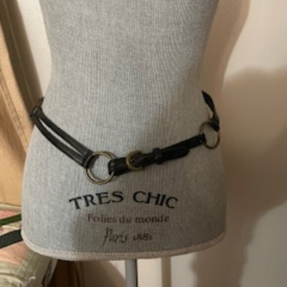 Faux Leather Skinny Belt Black Patent with Gold Rings Hardware - Picture 1 of 3